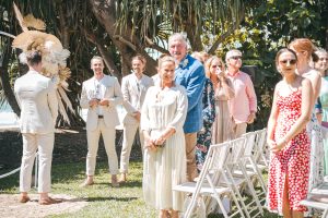 Zoe and Deon with their family and friends at their intimate micro wedding at Maison La Plage, Noosa.