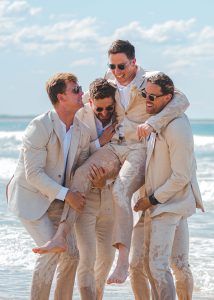 Zoe and Deon with their family and friends at their intimate micro wedding at Maison La Plage, Noosa.