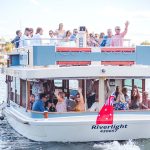 Zoe and Deons wedding departs on a river cruise in Noosa after their wedding.