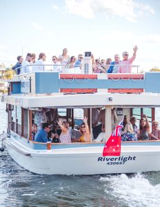 Zoe and Deons wedding departs on a river cruise in Noosa after their wedding.